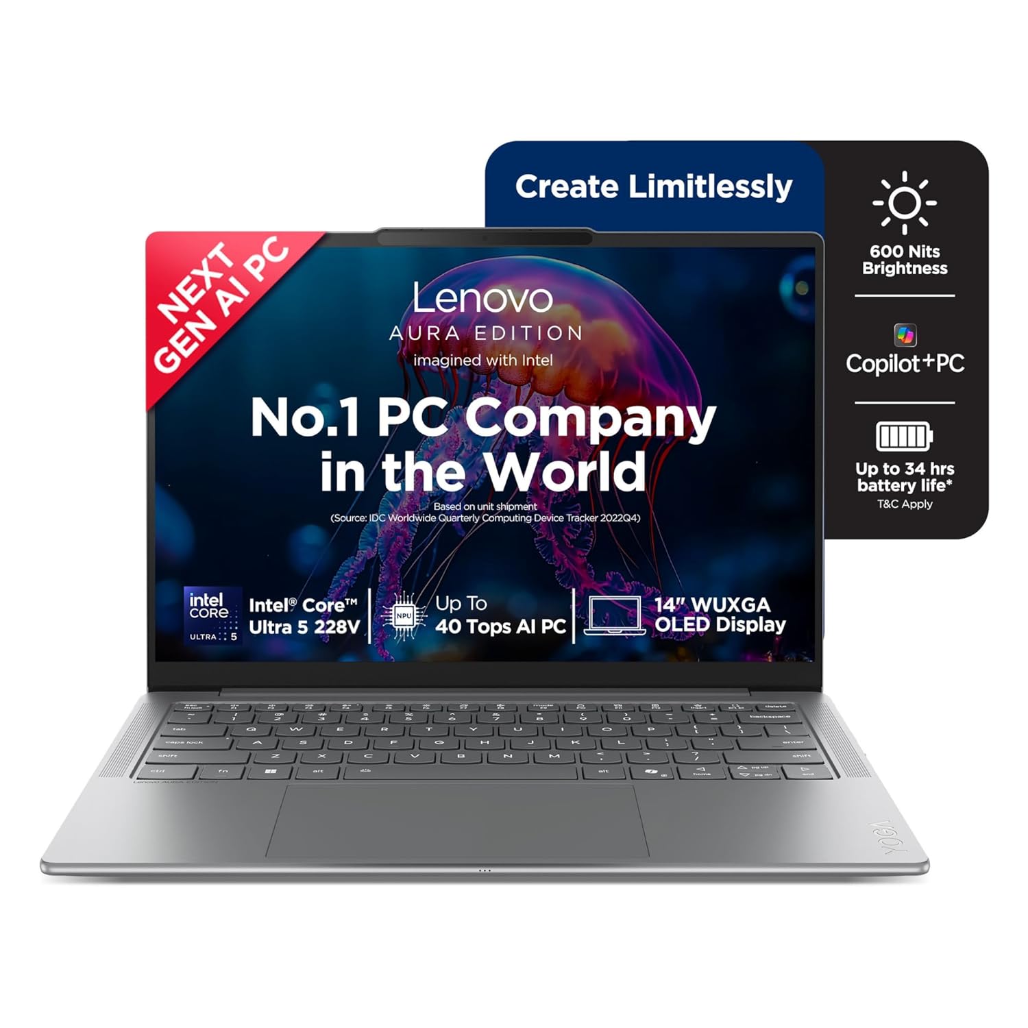 Lenovo Yoga Slim 7 Aura Edition Intel Core Ultra 5 228V,Copilot+ AI PC(32GB RAM/1TB SSD/14(35.5cm) WUXGA OLED AI Now/40 Tops/Windows 11/Office Home 2024/1Yr ADP/Grey/1.19Kg), 83JX001LIN AI Laptop
