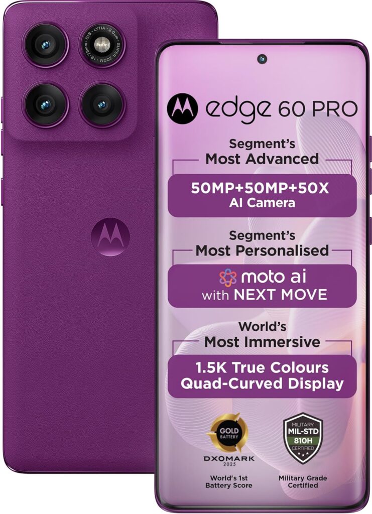 Motorola Edge 60 Pro 5G (Pantone Sparkling Grape, 12GB RAM, 256GB Storage) | 6.7" Curved AMOLED | 50MP Triple | 50MP Selfie | 6000mAh | 90W & 15W Wireless | Dimensity 8350 | IP68/IP69 Rated