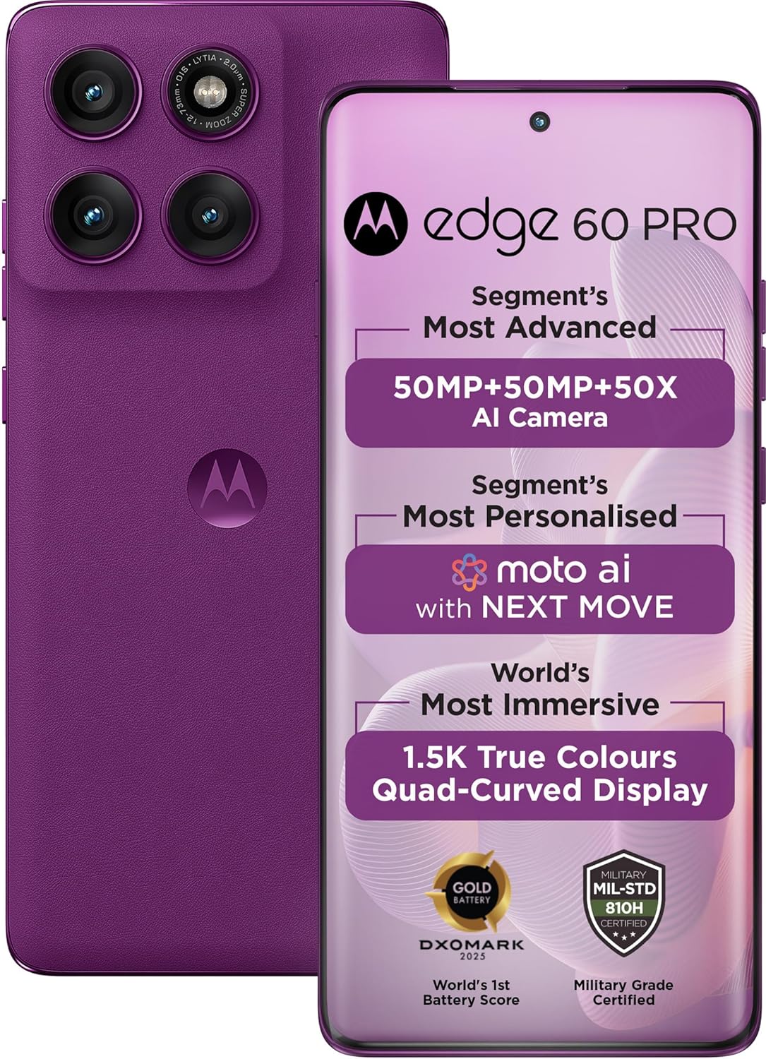 Motorola Edge 60 Pro 5G (Pantone Sparkling Grape, 12GB RAM, 256GB Storage) | 6.7" Curved AMOLED | 50MP Triple | 50MP Selfie | 6000mAh | 90W & 15W Wireless | Dimensity 8350 | IP68/IP69 Rated