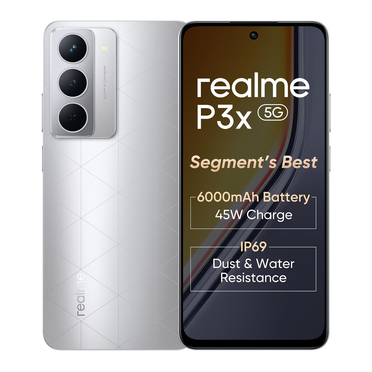 realme P3x 5G Smartphone 6+128GB Lunar Silver,6.72-inch Screen,120Hz Display,6000mAh Battery,45W SuperVOOC, 50MP Camera, MediaTek Dimensity 6400 Processor, IP64